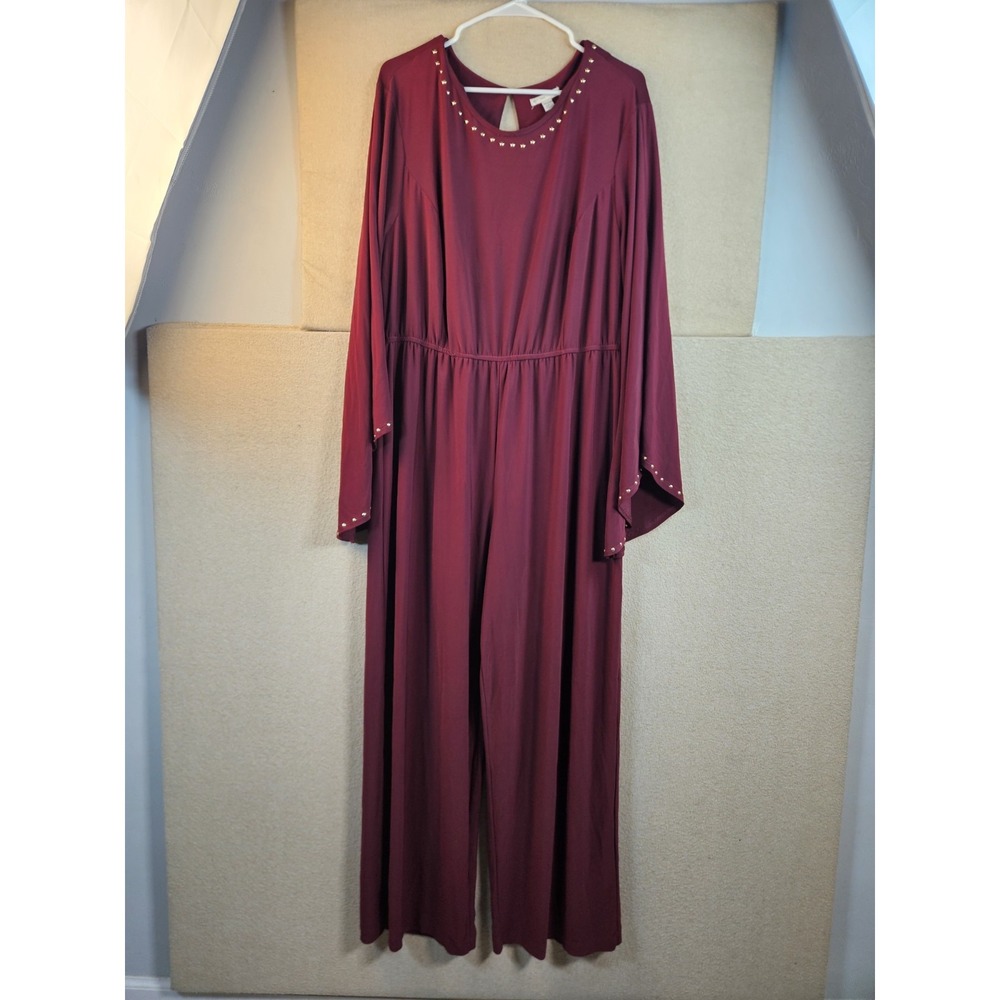 Cato EST. 1946 Women's Plus 18/20W Wine Studded Bell Sleeve Jumpsuit NWT